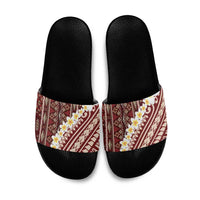 Red Vintage Tonga Ngatu Pattern With Plumeria Slide Sandals - Polynesian Pride