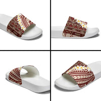 Red Vintage Tonga Ngatu Pattern With Plumeria Slide Sandals - Polynesian Pride