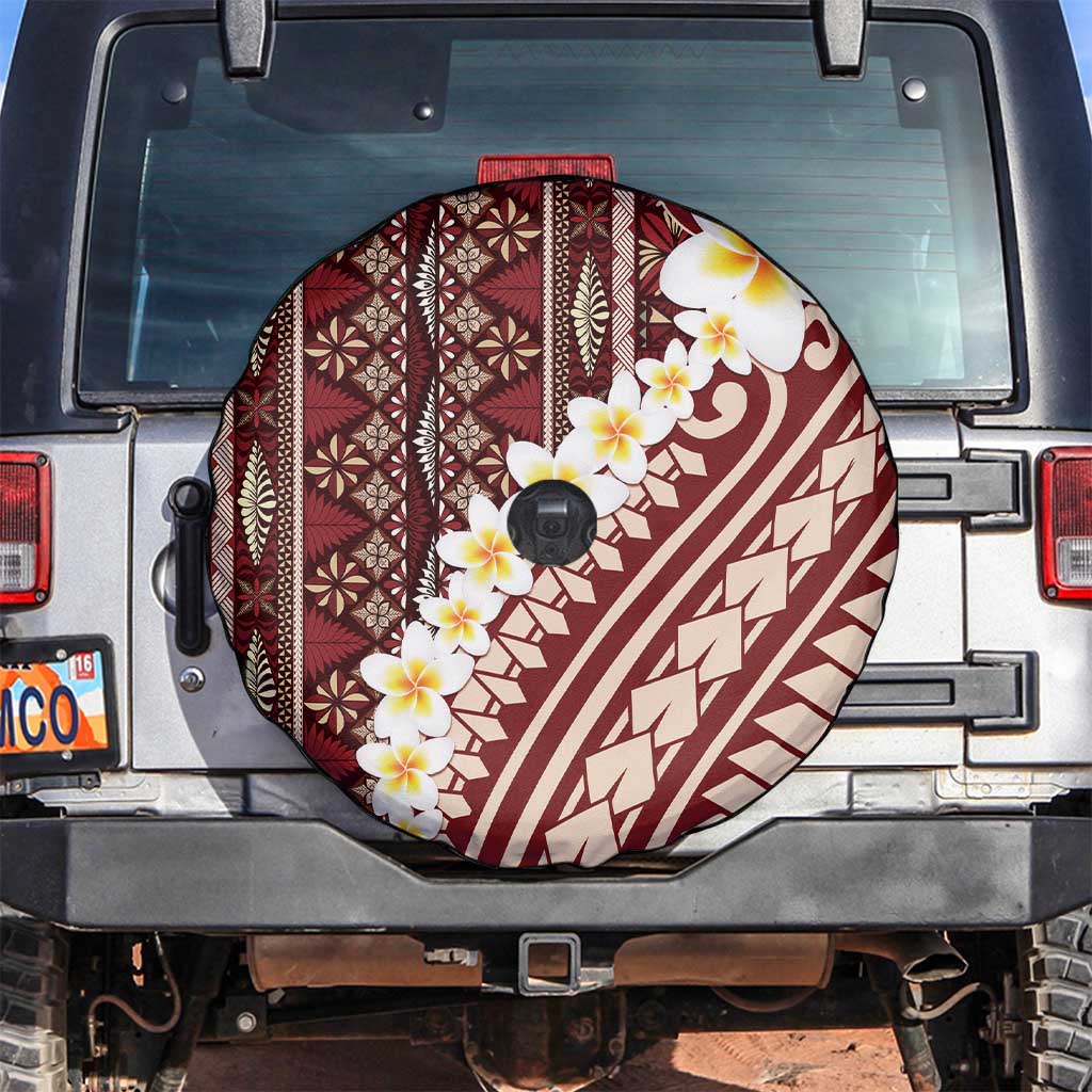 Red Vintage Tonga Ngatu Pattern With Plumeria Spare Tire Cover - Polynesian Pride