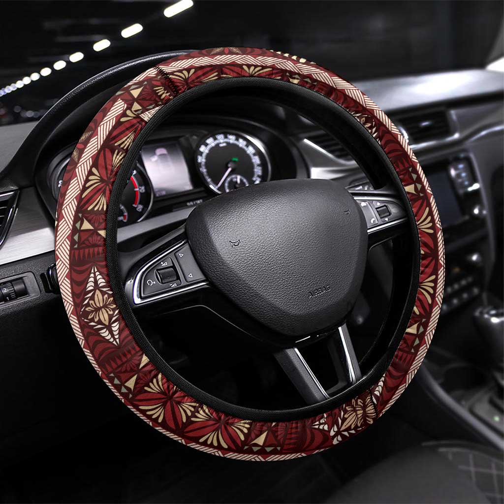 Red Vintage Tonga Ngatu Pattern With Plumeria Steering Wheel Cover LT05 Universal Fit Red - Polynesian Pride