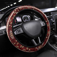 Red Vintage Tonga Ngatu Pattern With Plumeria Steering Wheel Cover LT05 Universal Fit Red - Polynesian Pride