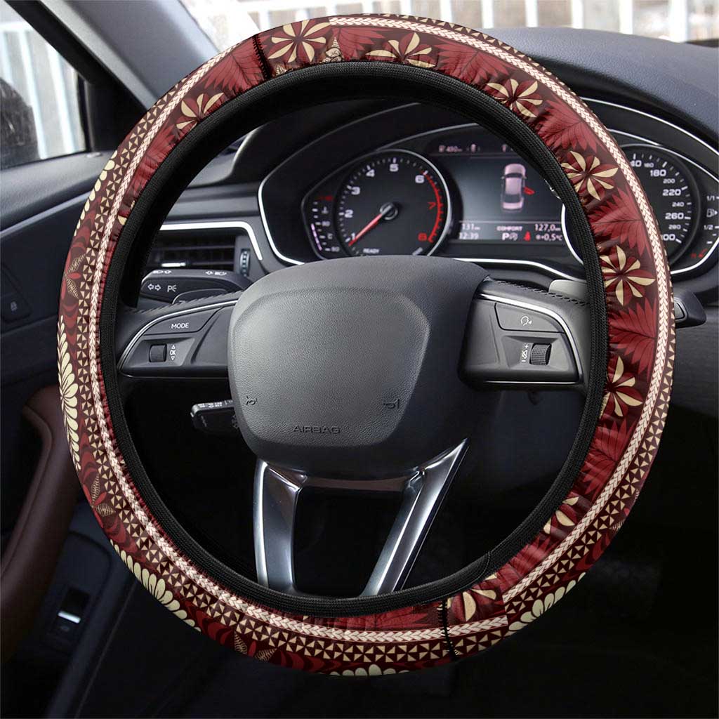 Red Vintage Tonga Ngatu Pattern With Plumeria Steering Wheel Cover LT05 - Polynesian Pride