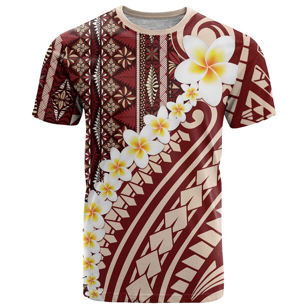Red Vintage Tonga Ngatu Pattern With Plumeria T Shirt LT05 Red - Polynesian Pride