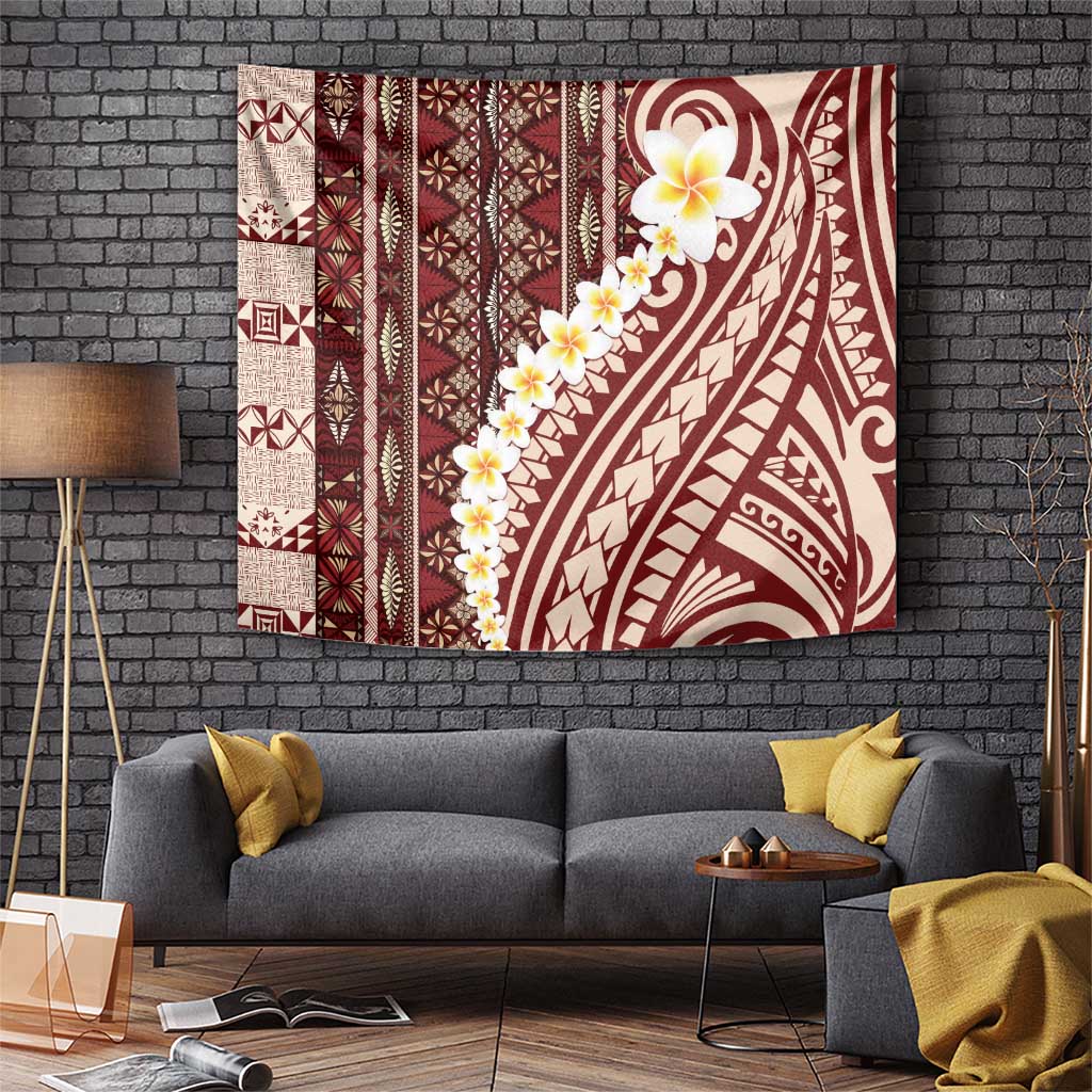 Red Vintage Tonga Ngatu Pattern With Plumeria Tapestry - Polynesian Pride