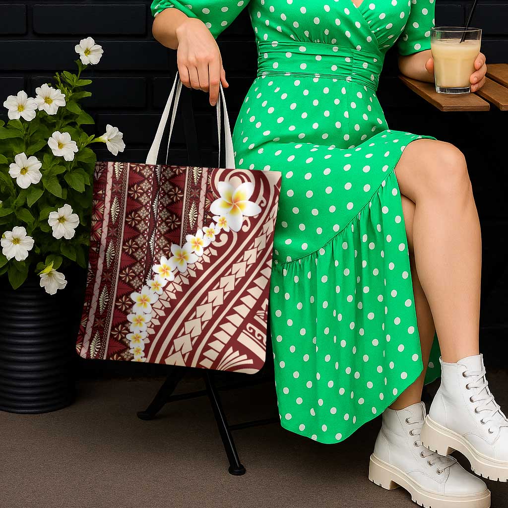 Red Vintage Tonga Ngatu Pattern With Plumeria Tote Bag - Polynesian Pride