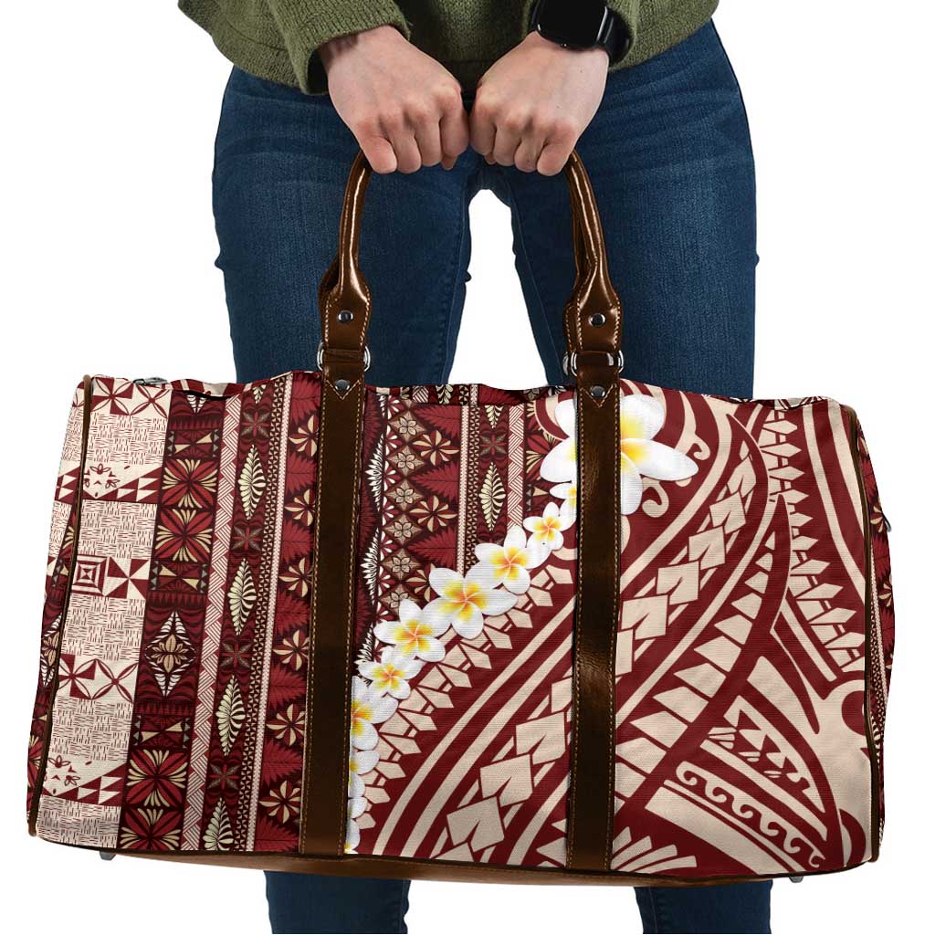 Red Vintage Tonga Ngatu Pattern With Plumeria Travel Bag - Polynesian Pride