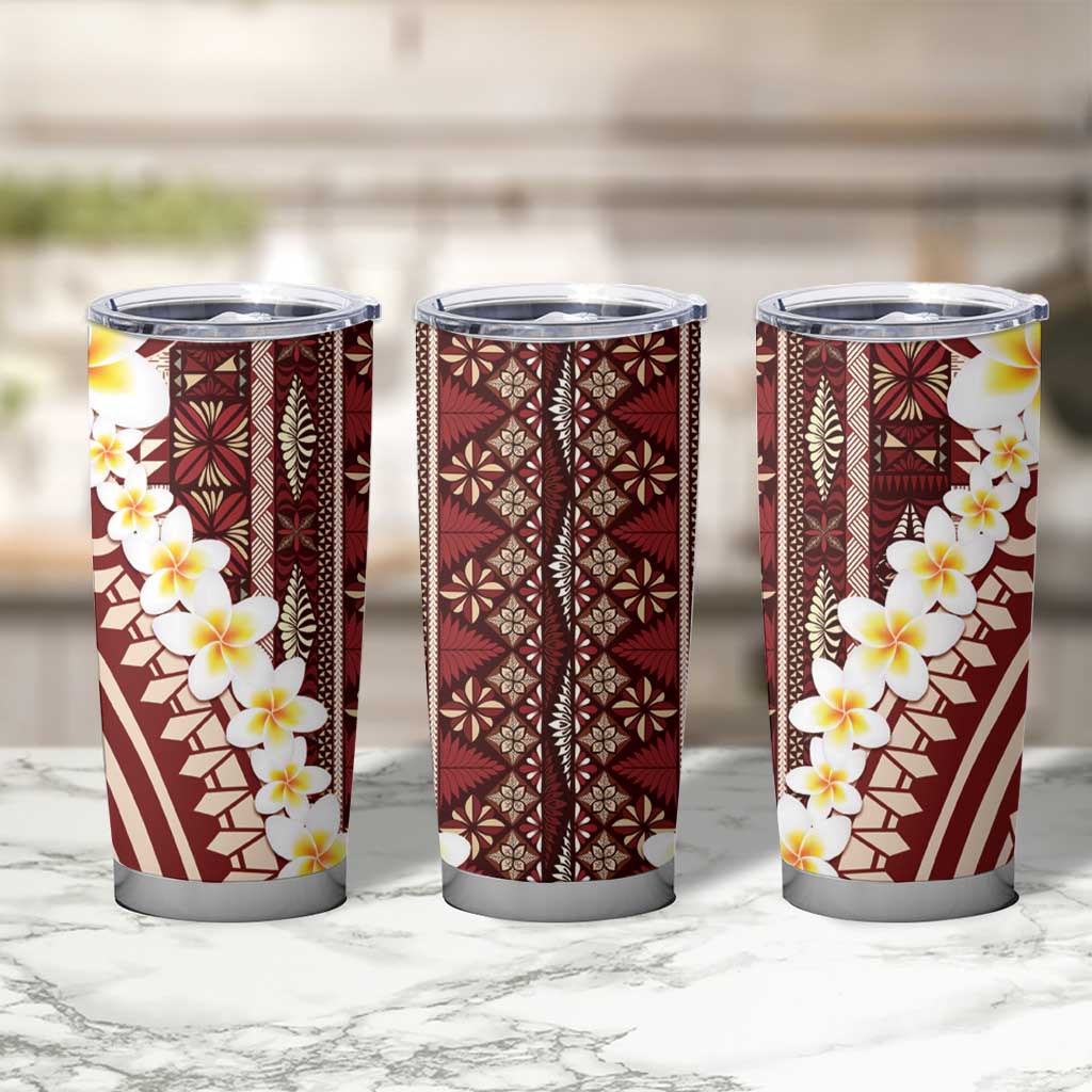 Red Vintage Tonga Ngatu Pattern With Plumeria Tumbler Cup LT05 - Polynesian Pride