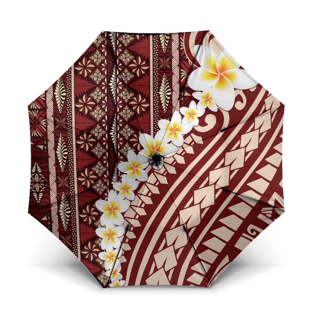 Red Vintage Tonga Ngatu Pattern With Plumeria Umbrella LT05 One Size Folded 11.42 inch Opened Diameter 37.4 inch Red - Polynesian Pride