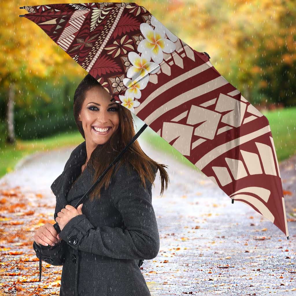 Red Vintage Tonga Ngatu Pattern With Plumeria Umbrella LT05 - Polynesian Pride