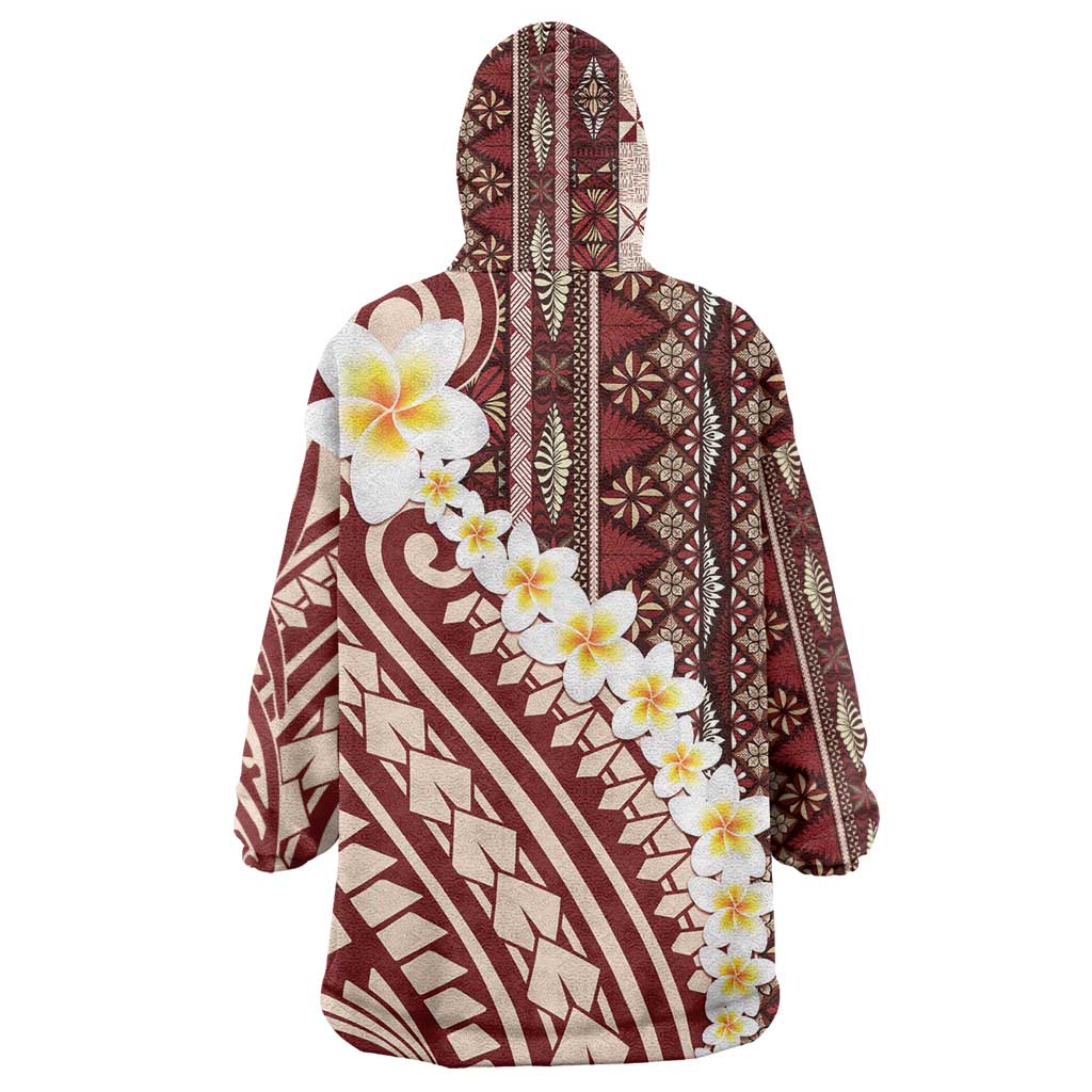 Red Vintage Tonga Ngatu Pattern With Plumeria Wearable Blanket Hoodie - Polynesian Pride