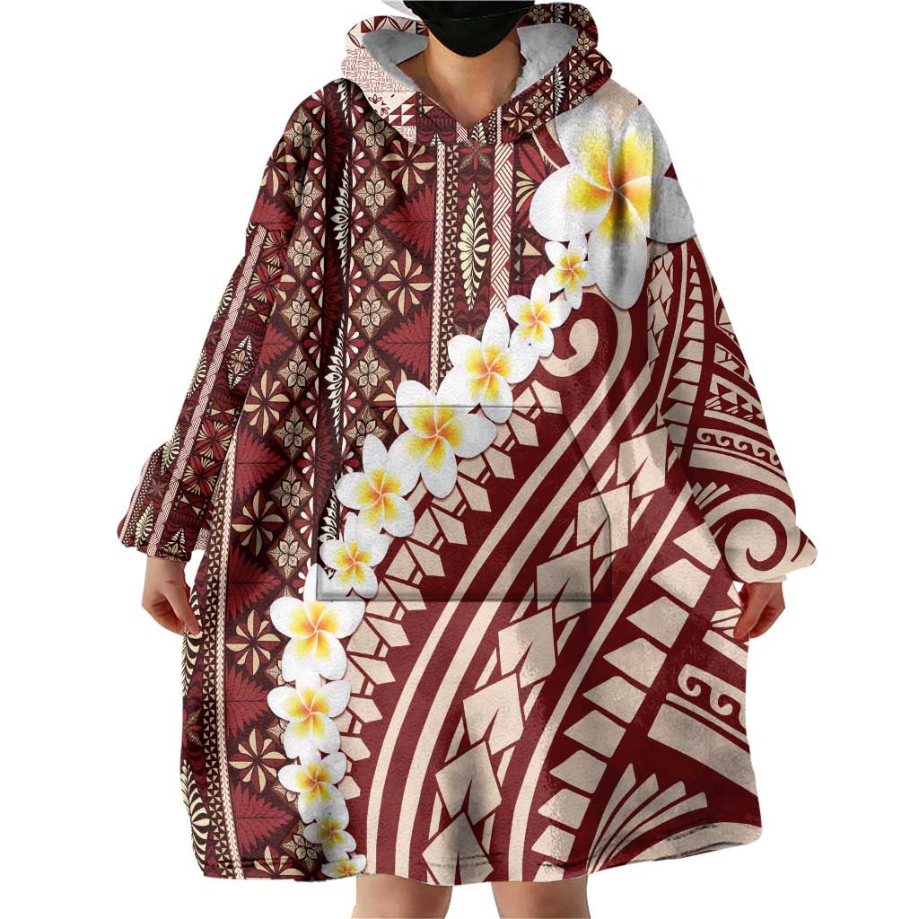 Red Vintage Tonga Ngatu Pattern With Plumeria Wearable Blanket Hoodie - Polynesian Pride