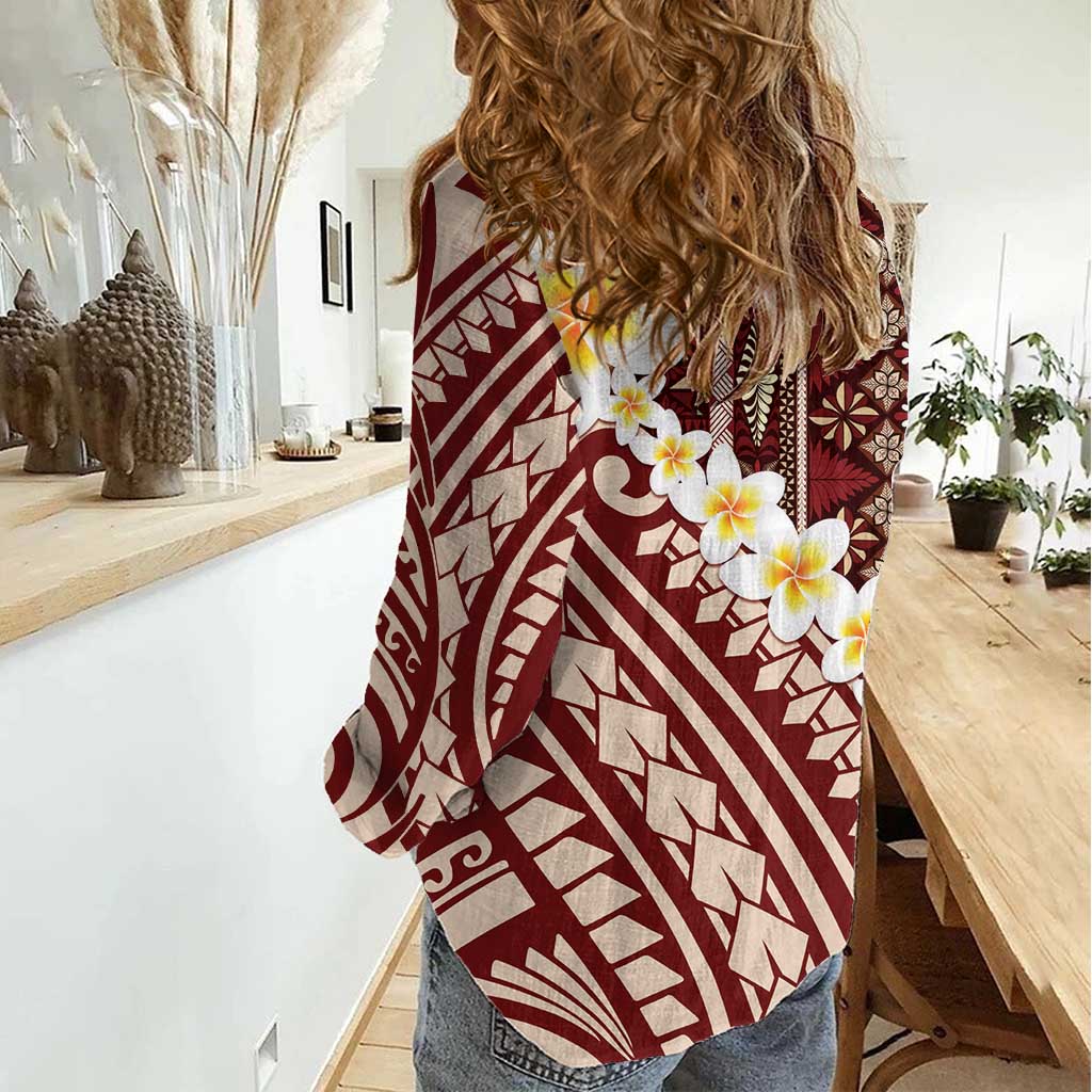 Red Vintage Tonga Ngatu Pattern With Plumeria Women Casual Shirt - Polynesian Pride