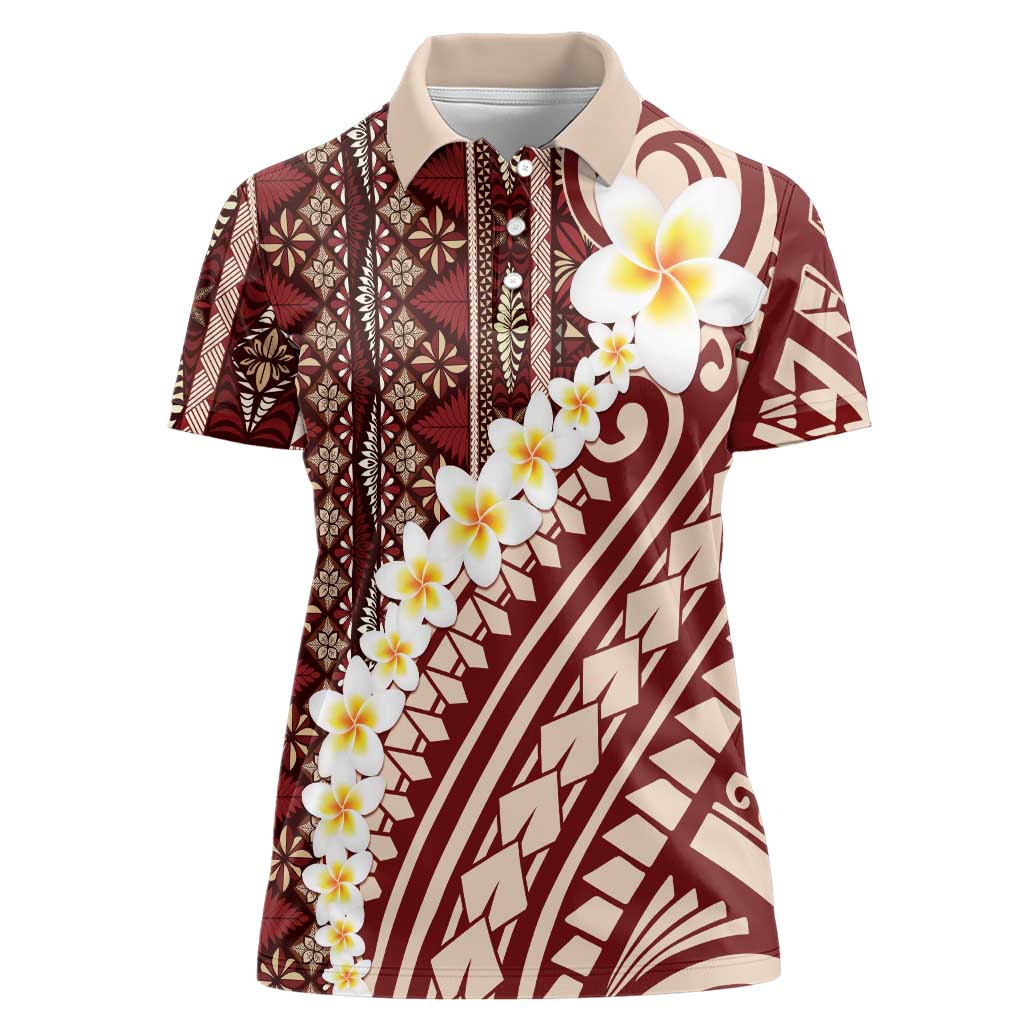 Red Vintage Tonga Ngatu Pattern With Plumeria Women Polo Shirt LT05 Female Red - Polynesian Pride