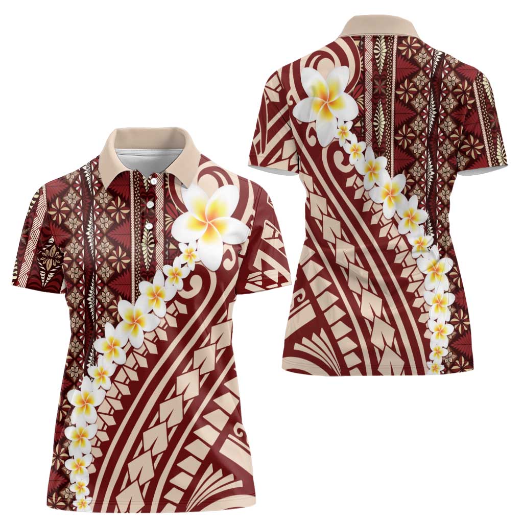 Red Vintage Tonga Ngatu Pattern With Plumeria Women Polo Shirt LT05 - Polynesian Pride