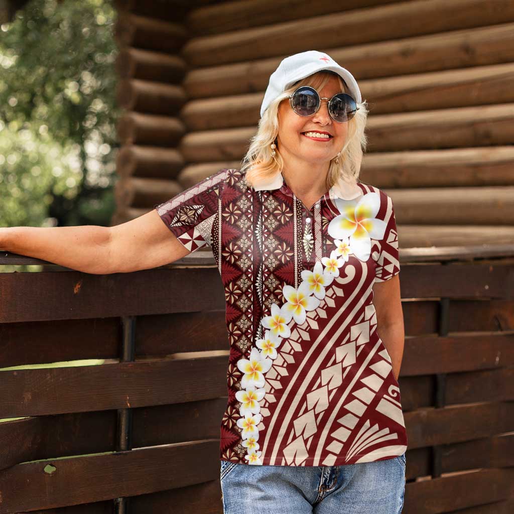 Red Vintage Tonga Ngatu Pattern With Plumeria Women Polo Shirt LT05 - Polynesian Pride