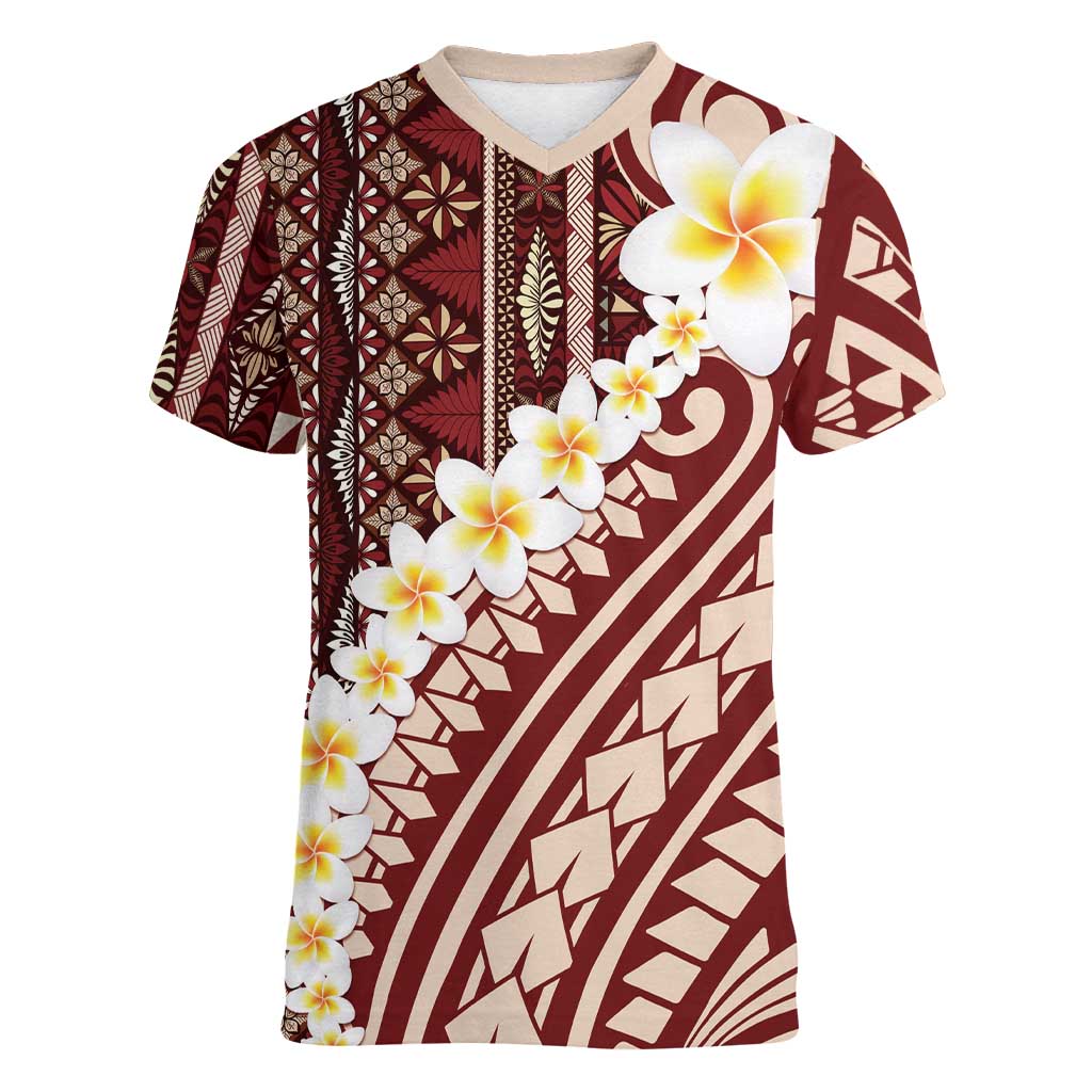 Red Vintage Tonga Ngatu Pattern With Plumeria Women V-Neck T-Shirt LT05 Female Red - Polynesian Pride