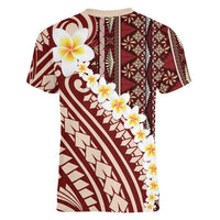 Red Vintage Tonga Ngatu Pattern With Plumeria Women V-Neck T-Shirt LT05 - Polynesian Pride