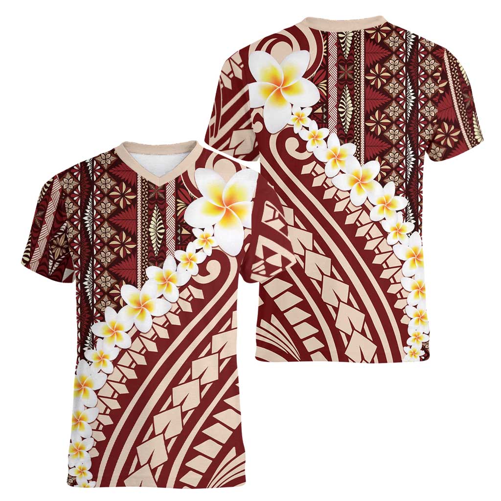 Red Vintage Tonga Ngatu Pattern With Plumeria Women V-Neck T-Shirt LT05 - Polynesian Pride