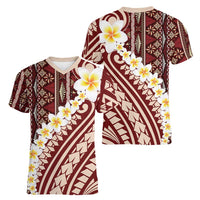 Red Vintage Tonga Ngatu Pattern With Plumeria Women V-Neck T-Shirt LT05 - Polynesian Pride
