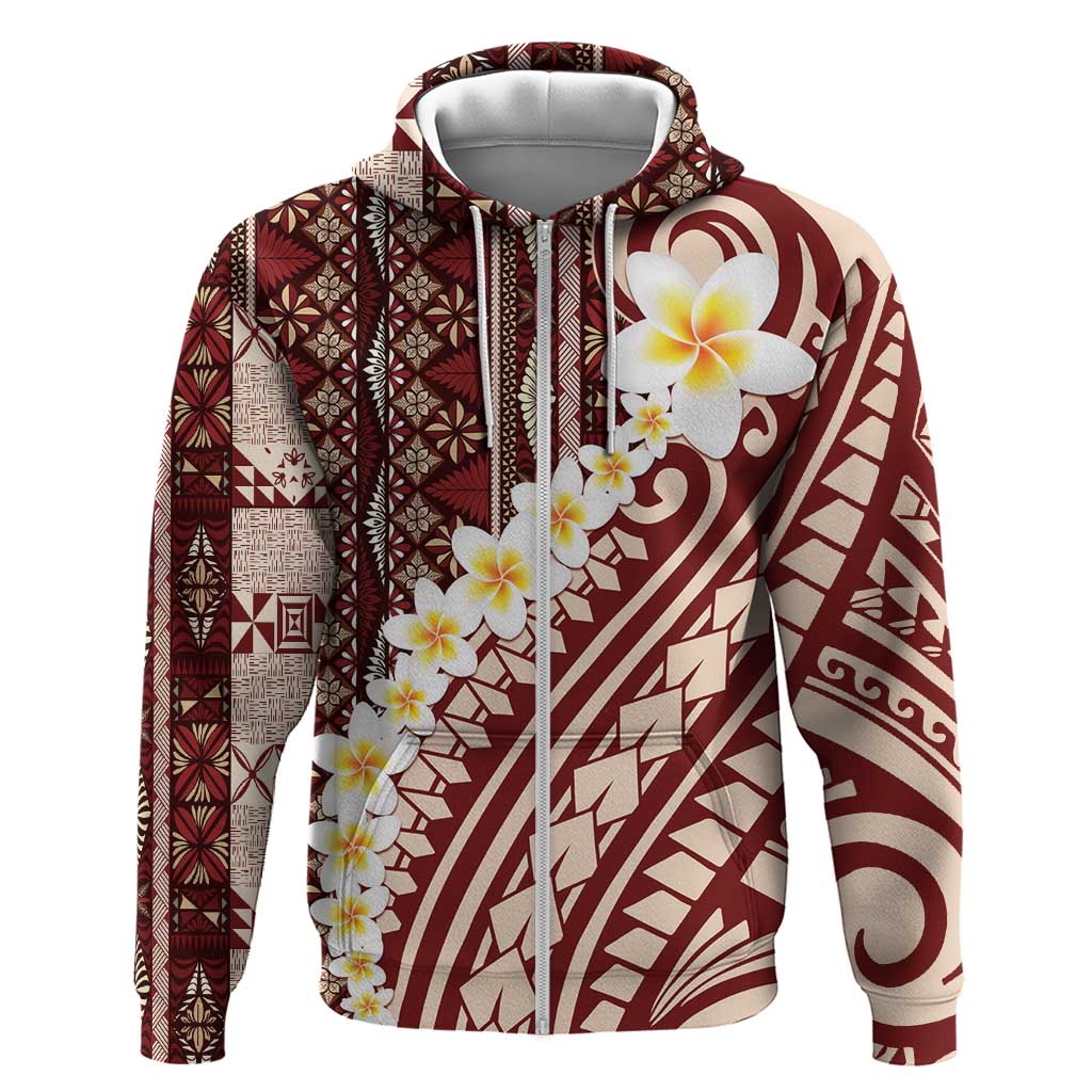 Red Vintage Tonga Ngatu Pattern With Plumeria Zip Hoodie LT05 Zip Hoodie Red - Polynesian Pride