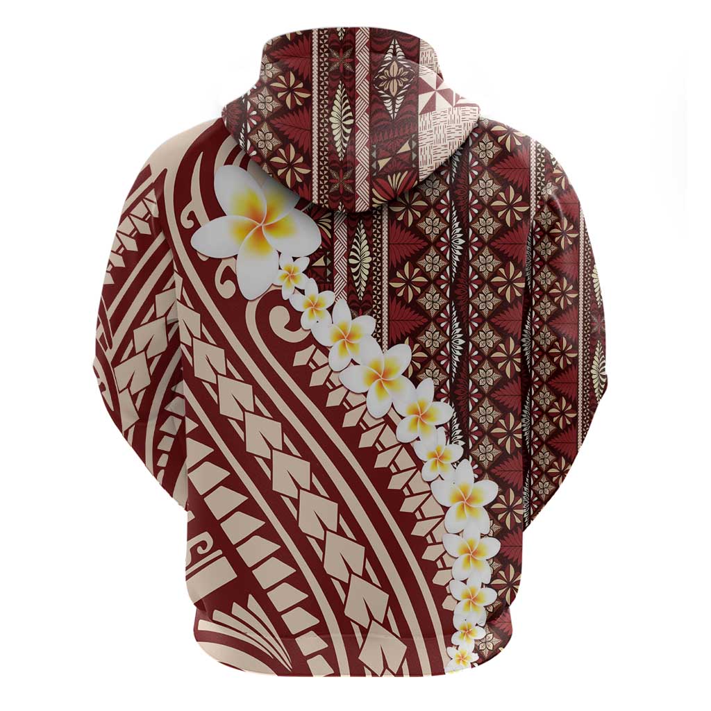 Red Vintage Tonga Ngatu Pattern With Plumeria Zip Hoodie LT05 - Polynesian Pride