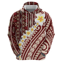 Red Vintage Tonga Ngatu Pattern With Plumeria Zip Hoodie LT05 - Polynesian Pride