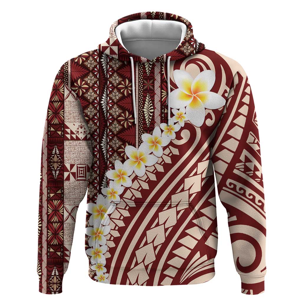 Red Vintage Tonga Ngatu Pattern With Plumeria Zip Hoodie LT05 Pullover Hoodie Red - Polynesian Pride