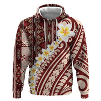 Red Vintage Tonga Ngatu Pattern With Plumeria Zip Hoodie LT05 Pullover Hoodie Red - Polynesian Pride