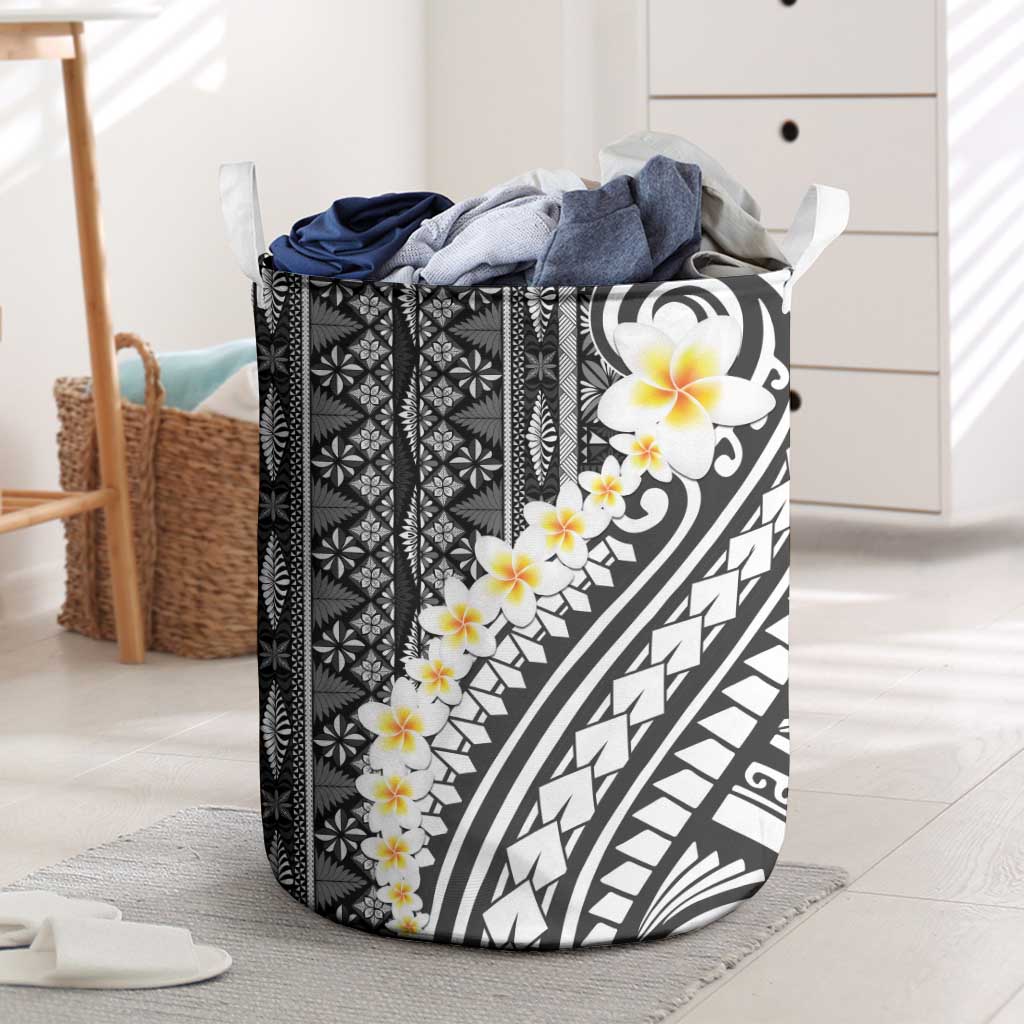 Black Vintage Tonga Ngatu Pattern With Plumeria Laundry Basket LT05 Black - Polynesian Pride
