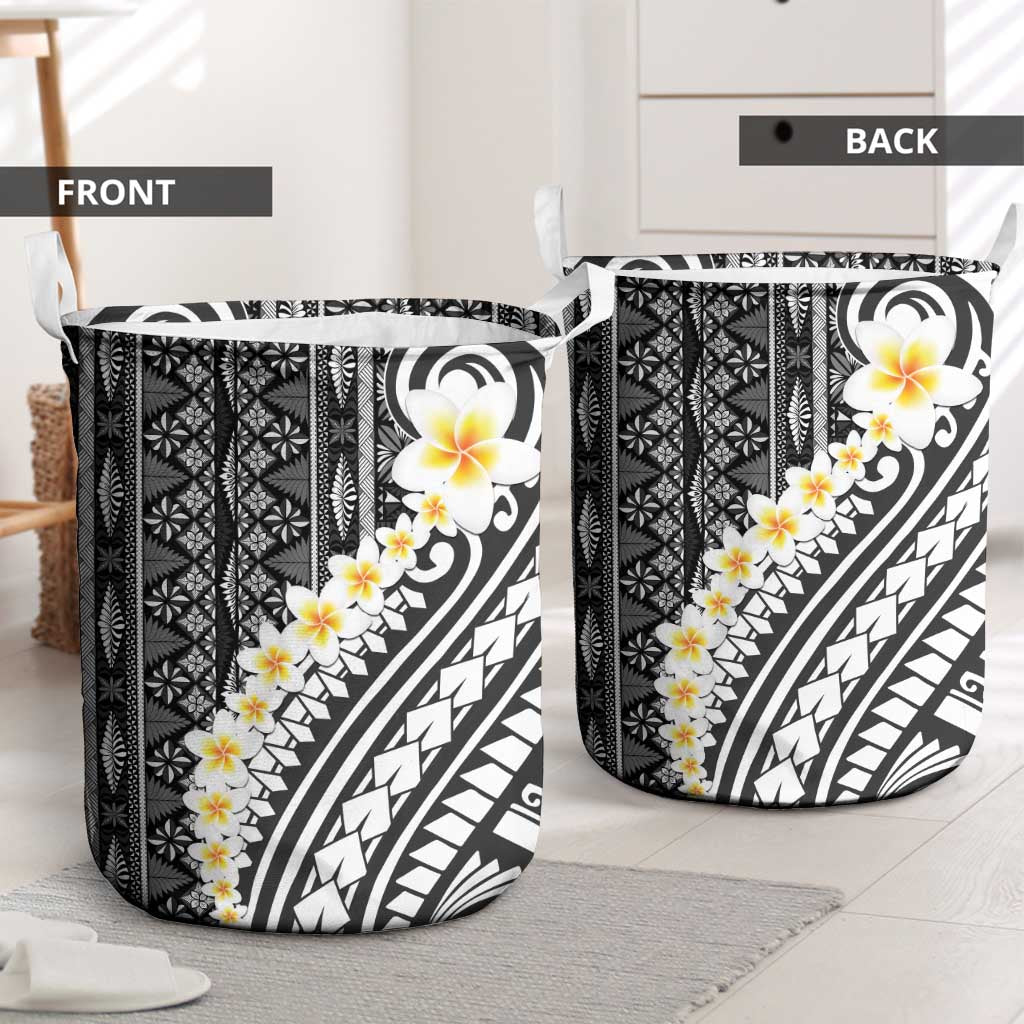 Black Vintage Tonga Ngatu Pattern With Plumeria Laundry Basket LT05 - Polynesian Pride