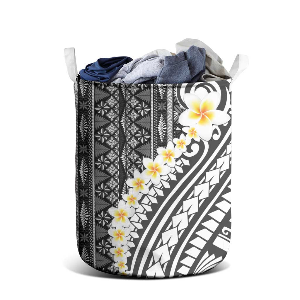 Black Vintage Tonga Ngatu Pattern With Plumeria Laundry Basket LT05 - Polynesian Pride