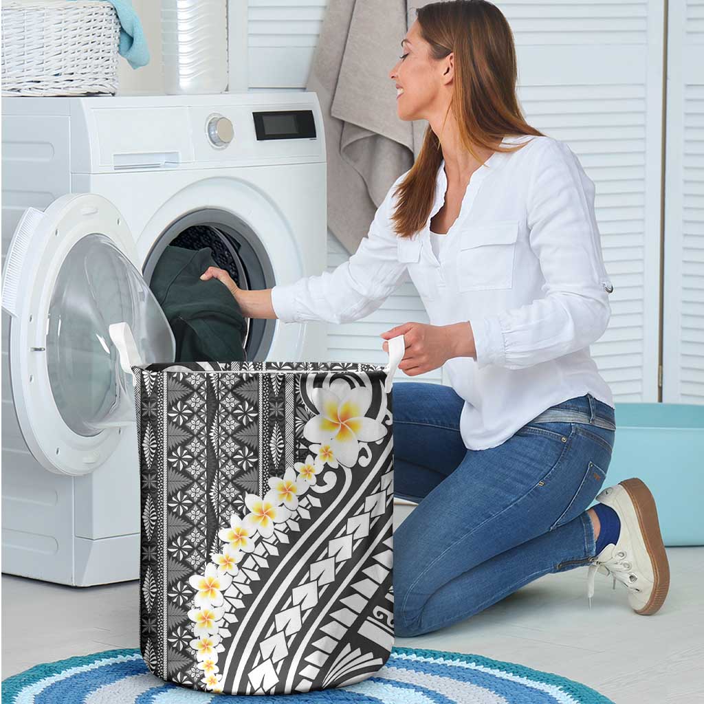 Black Vintage Tonga Ngatu Pattern With Plumeria Laundry Basket LT05 - Polynesian Pride