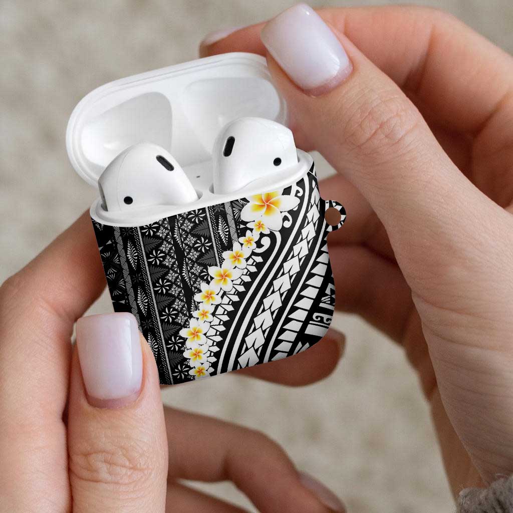 Black Vintage Tonga Ngatu Pattern With Plumeria AirPods Case - Polynesian Pride