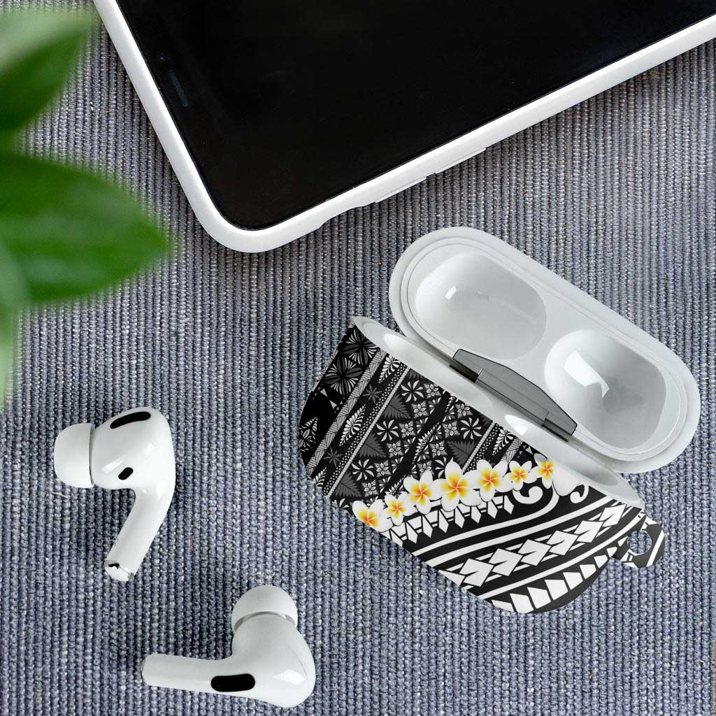 Black Vintage Tonga Ngatu Pattern With Plumeria AirPods Case - Polynesian Pride