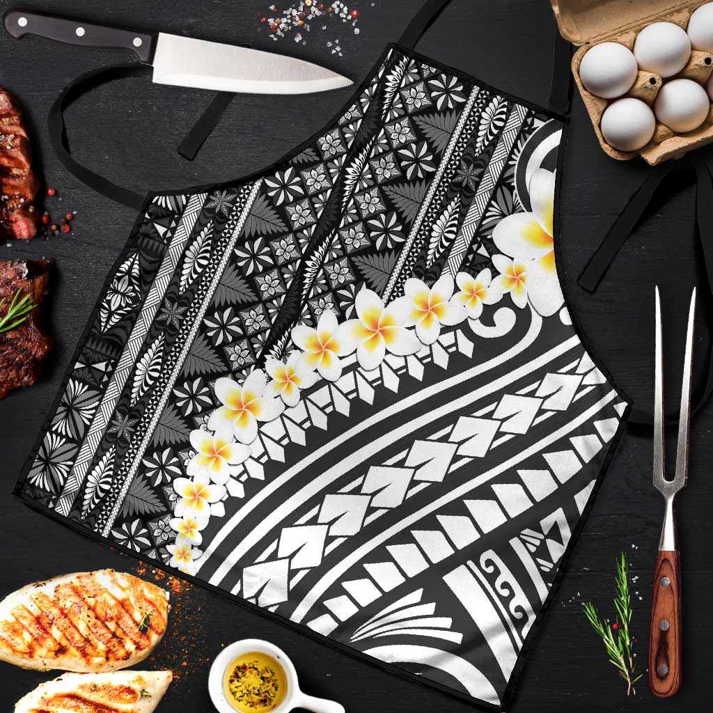 Black Vintage Tonga Ngatu Pattern With Plumeria Apron - Polynesian Pride