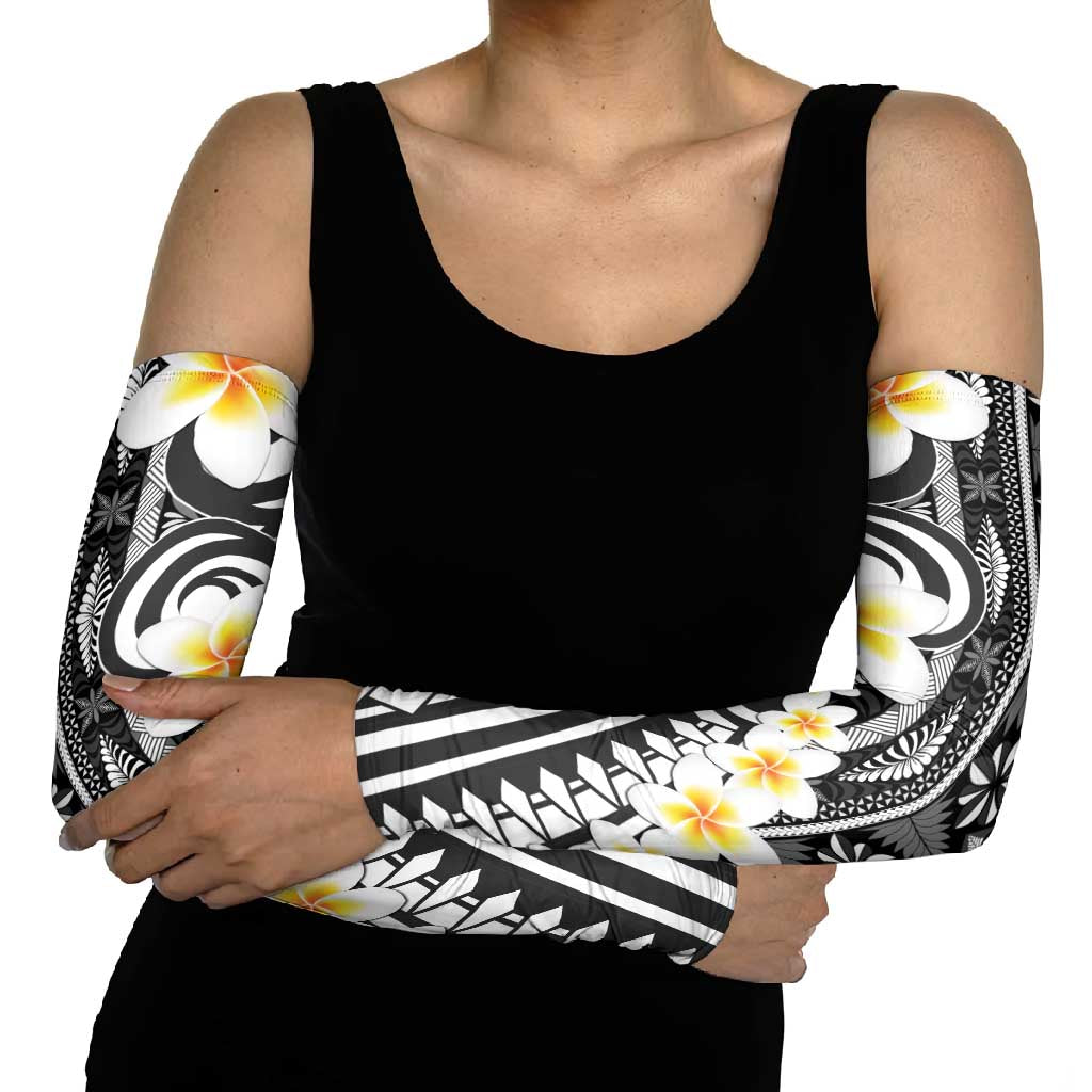 Black Vintage Tonga Ngatu Pattern Arm Sleeves - Plumeria Design LT05 - Polynesian Pride