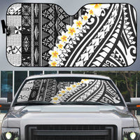 Black Vintage Tonga Ngatu Pattern With Plumeria Auto Sun Shade - Polynesian Pride