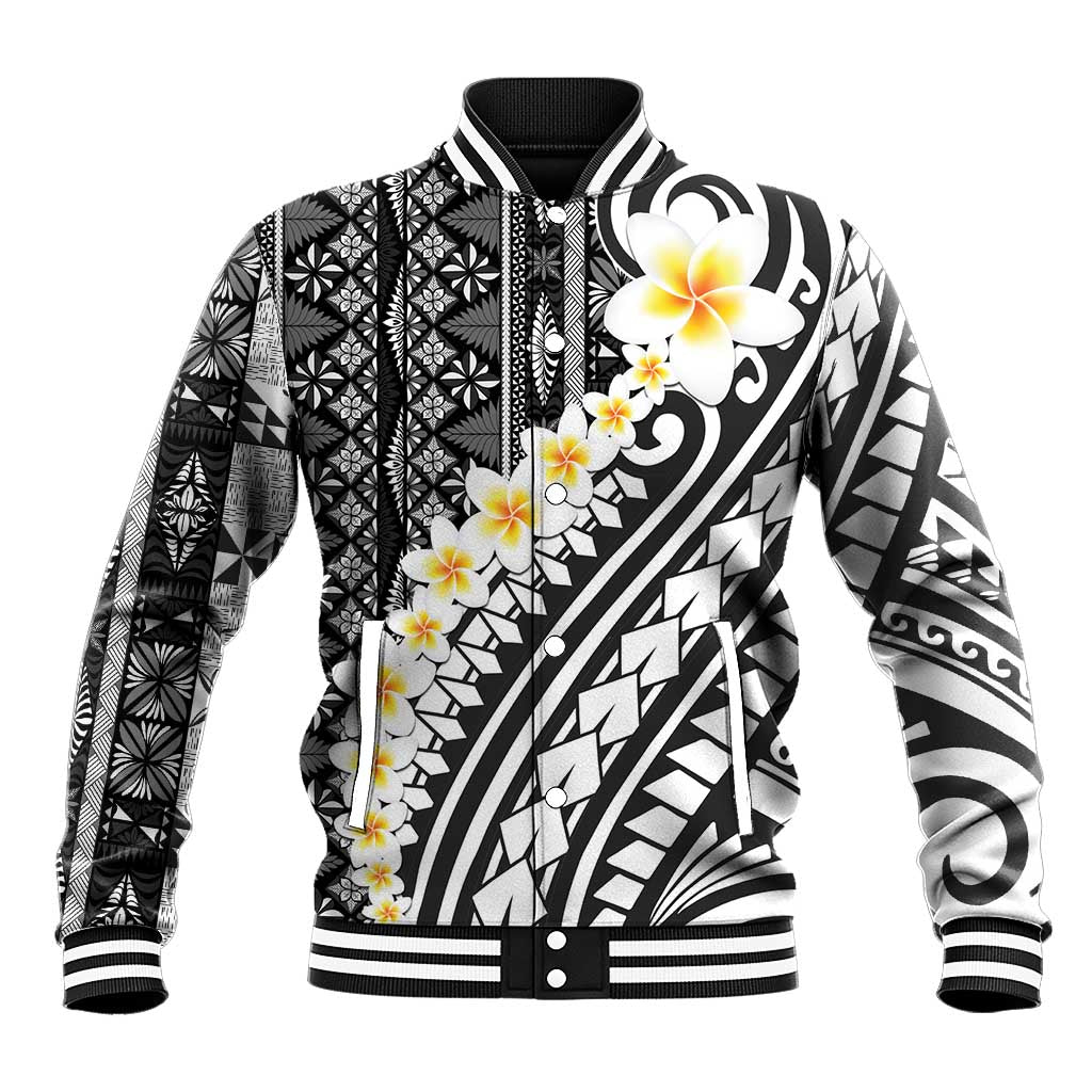 Black Vintage Tonga Ngatu Pattern With Plumeria Baseball Jacket LT05 Unisex Black - Polynesian Pride