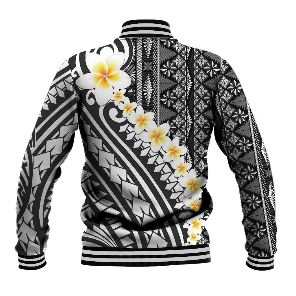 Black Vintage Tonga Ngatu Pattern With Plumeria Baseball Jacket LT05 - Polynesian Pride