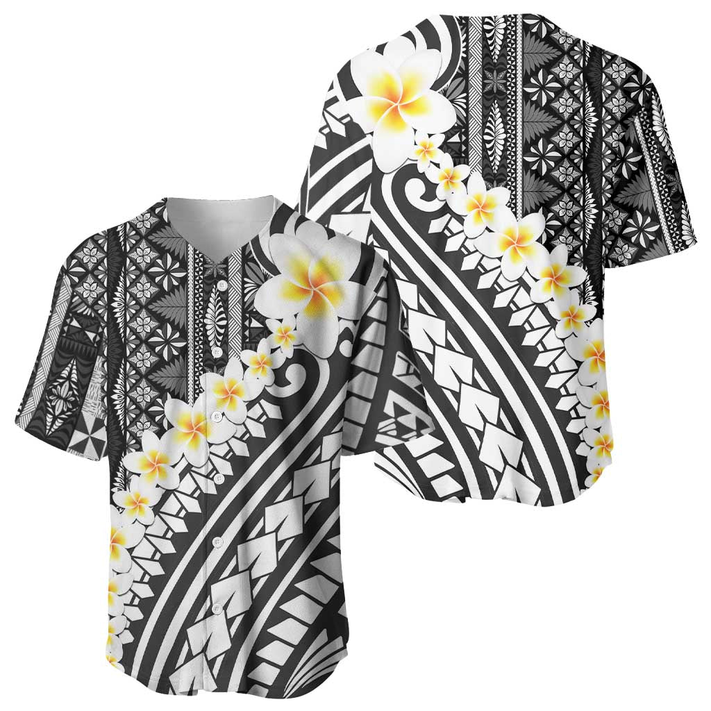Black Vintage Tonga Ngatu Pattern With Plumeria Baseball Jersey LT05 - Polynesian Pride