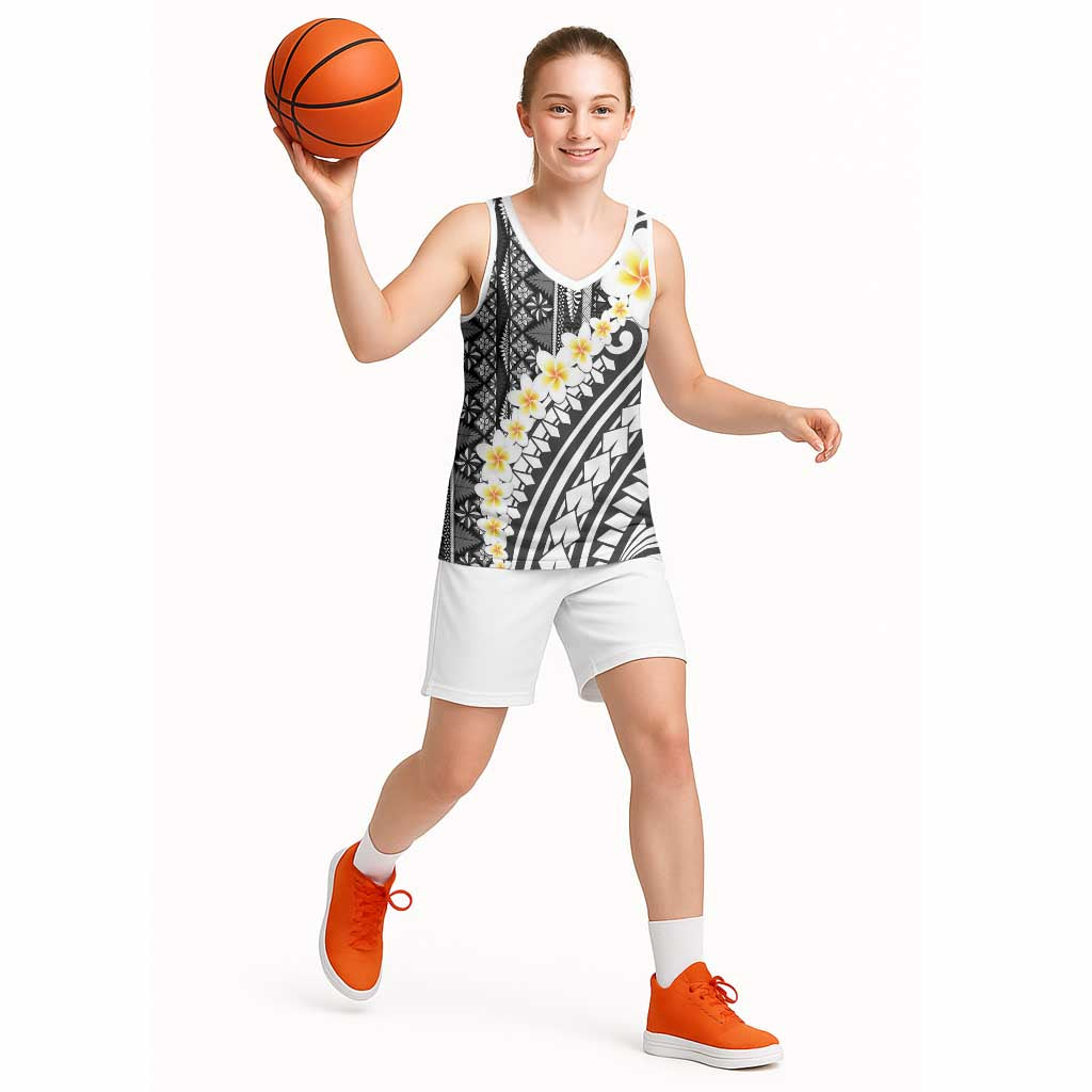 Black Vintage Tonga Ngatu Pattern With Plumeria Basketball Jersey LT05 - Polynesian Pride