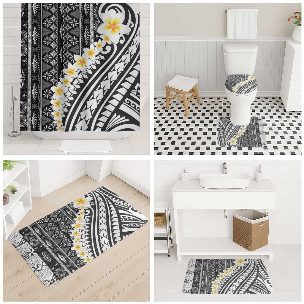 Black Vintage Tonga Ngatu Pattern With Plumeria Bathroom Set - Polynesian Pride