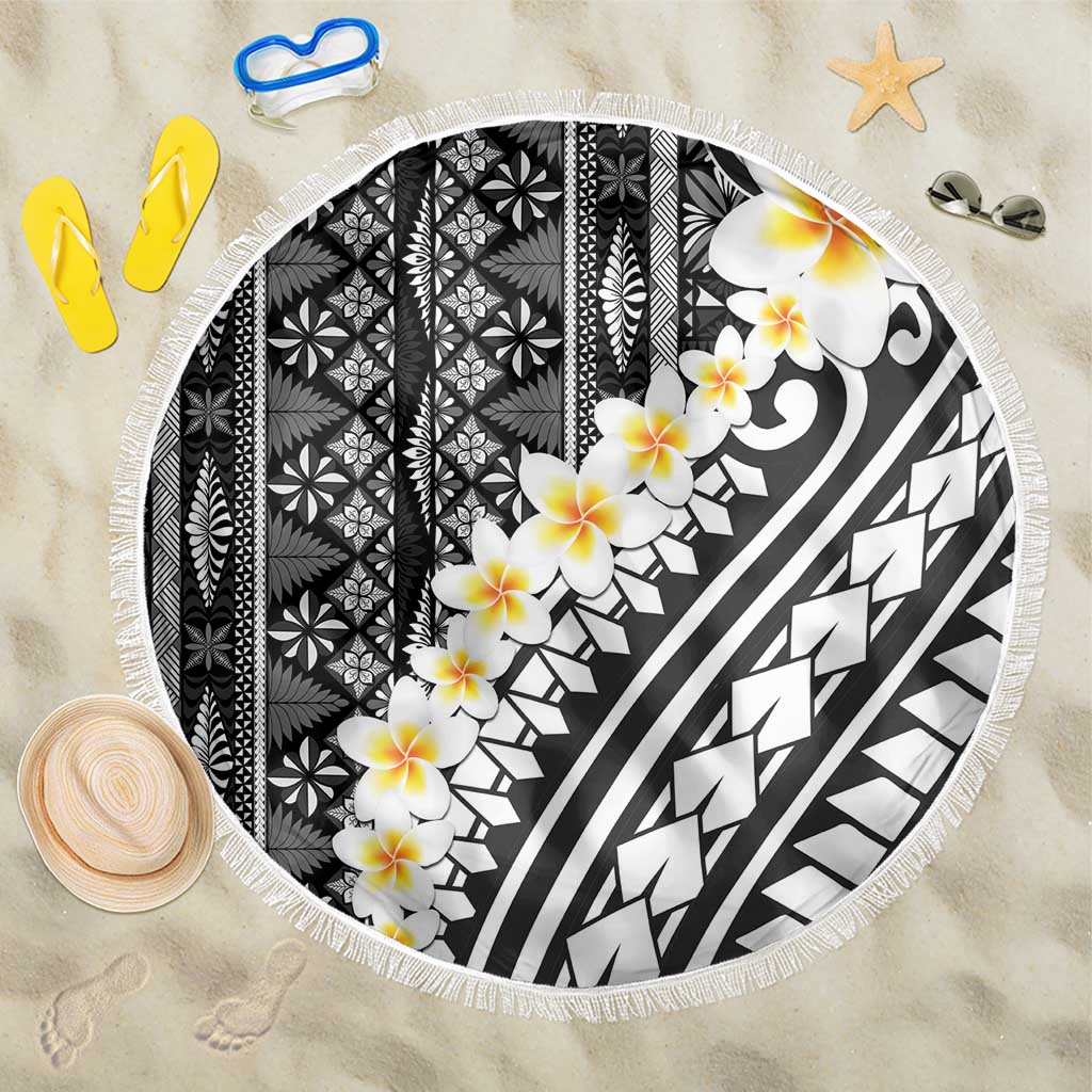 Black Vintage Tonga Ngatu Pattern With Plumeria Beach Blanket - Polynesian Pride