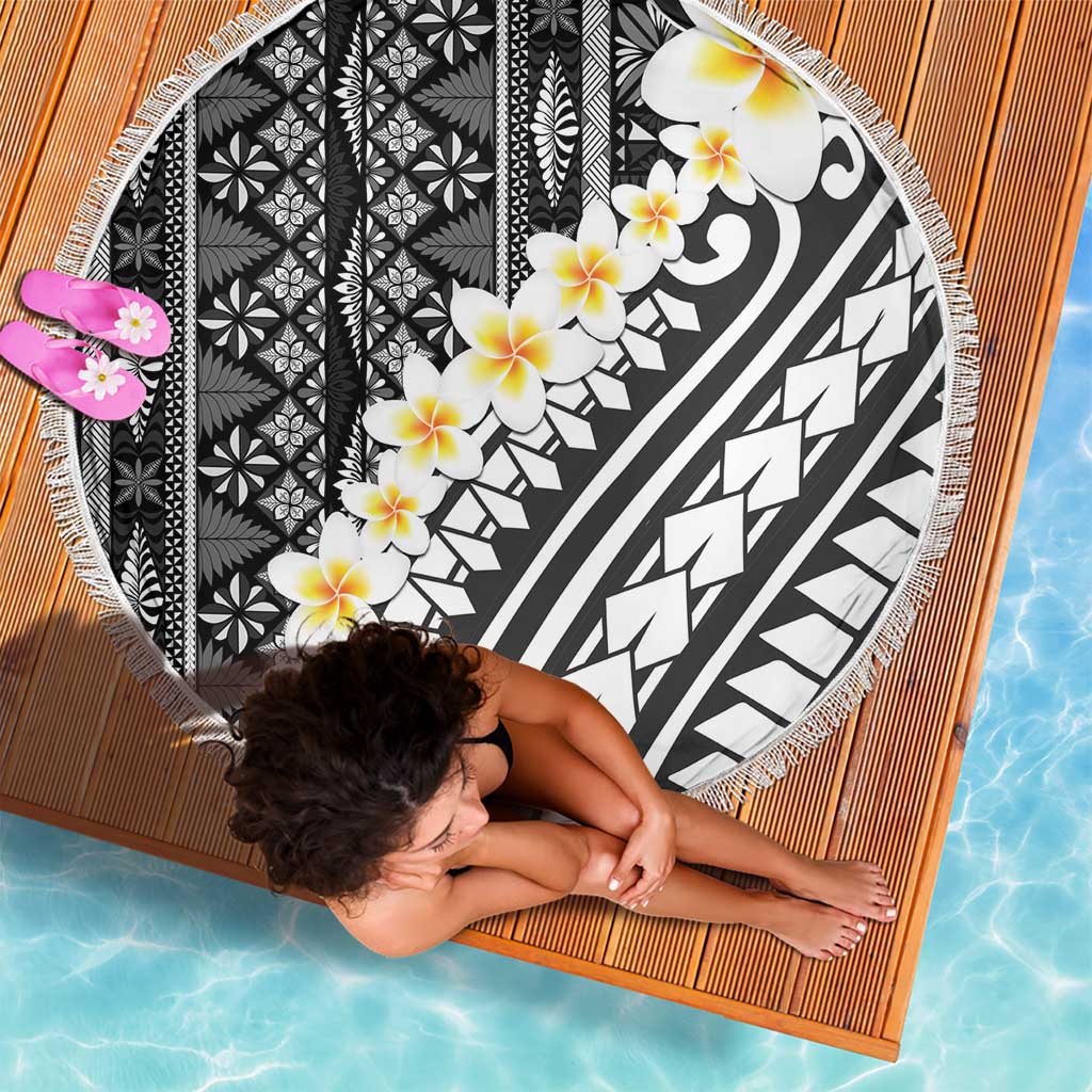 Black Vintage Tonga Ngatu Pattern With Plumeria Beach Blanket - Polynesian Pride