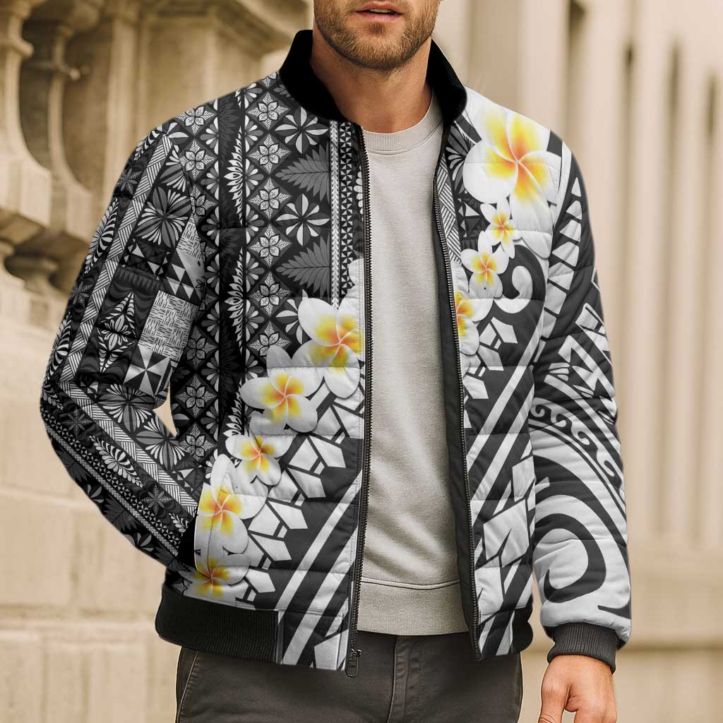 Black Vintage Tonga Ngatu Pattern With Plumeria Bomber Puffer Jacket - Polynesian Pride