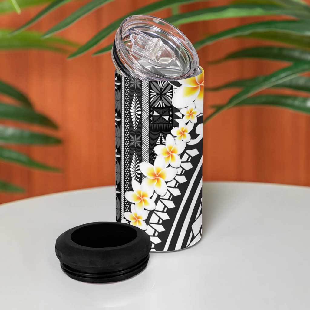 Black Vintage Tonga Ngatu Pattern With Plumeria 4 in 1 Can Cooler Tumbler LT05 - Polynesian Pride