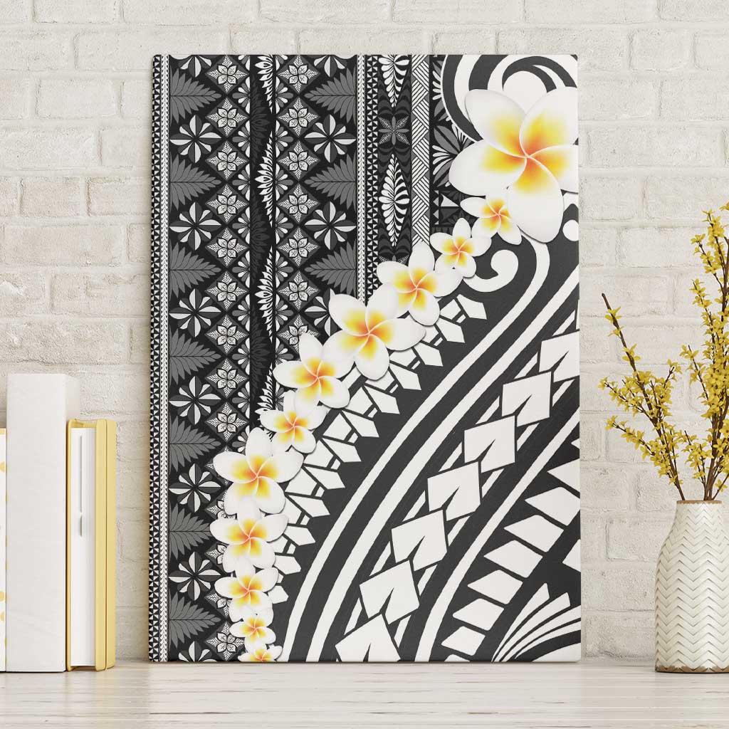Black Vintage Tonga Ngatu Pattern With Plumeria Canvas Wall Art LT05 Without Frame Black - Polynesian Pride