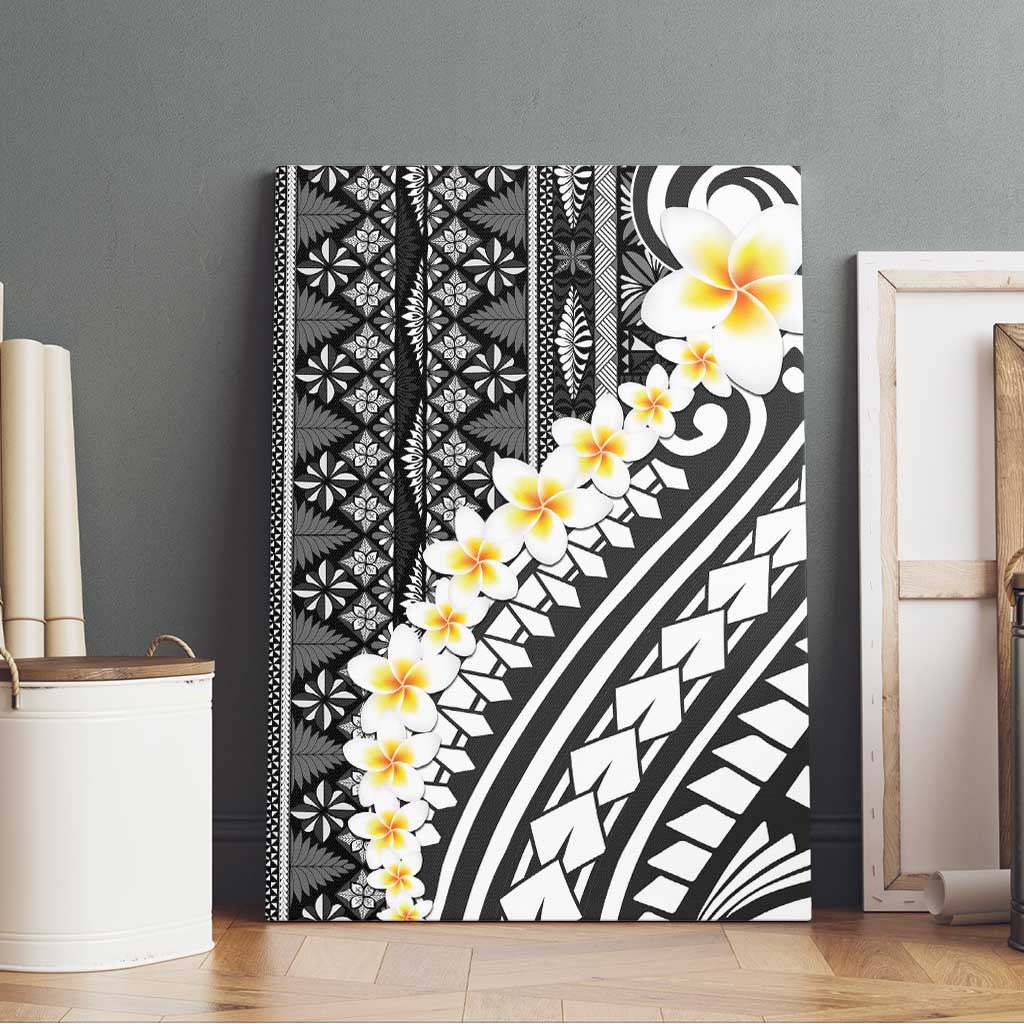 Black Vintage Tonga Ngatu Pattern With Plumeria Canvas Wall Art LT05 - Polynesian Pride