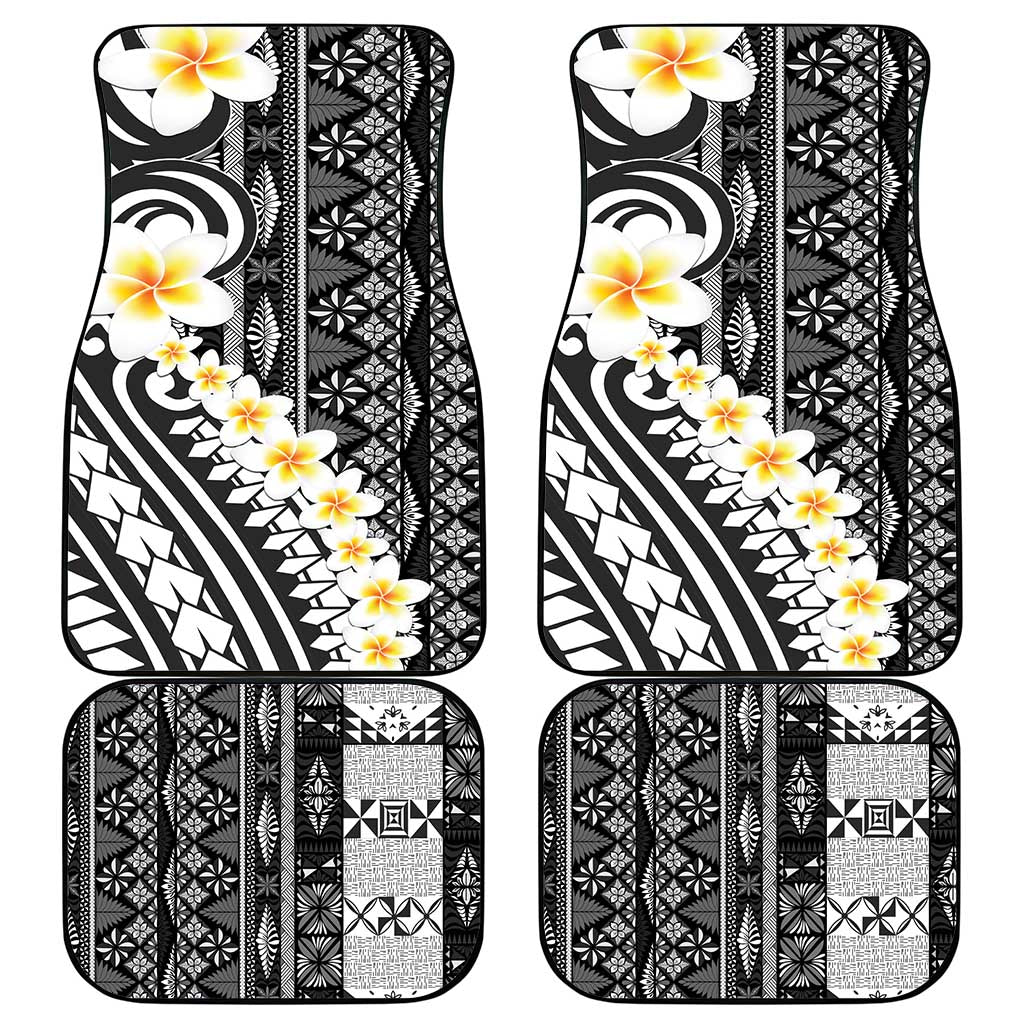 Black Vintage Tonga Ngatu Pattern With Plumeria Car Mats LT05 - Polynesian Pride