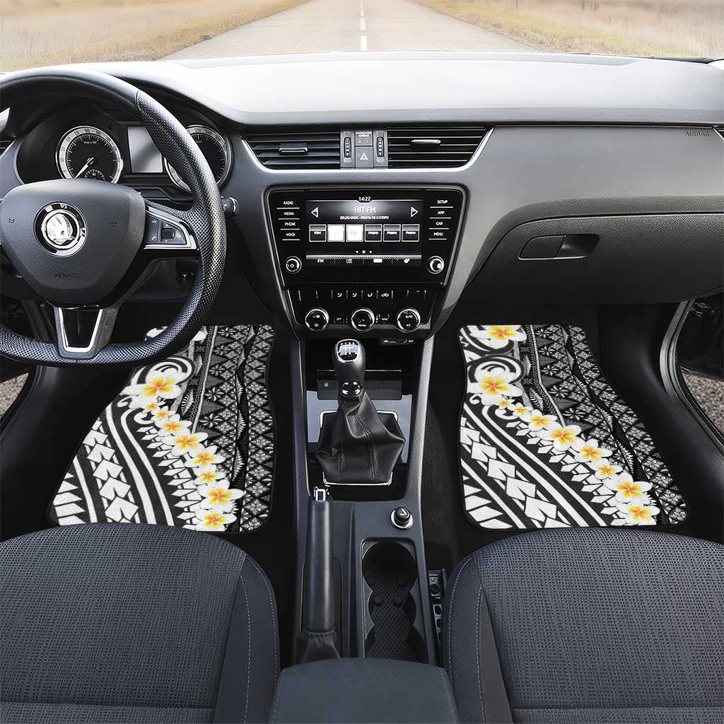 Black Vintage Tonga Ngatu Pattern With Plumeria Car Mats LT05 Set 2pcs - Front Black - Polynesian Pride